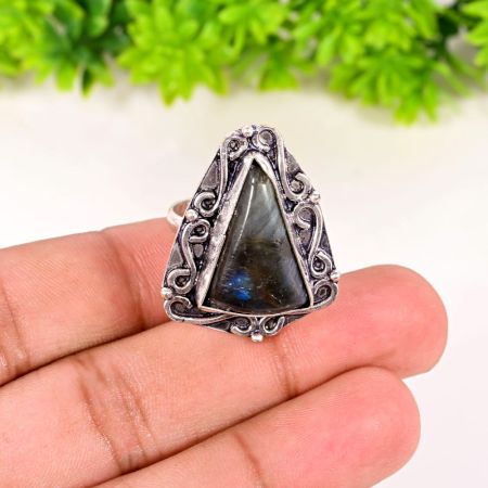 Handmade Oxidized Brass Ring with Natural Labradorite Gemstone for Women